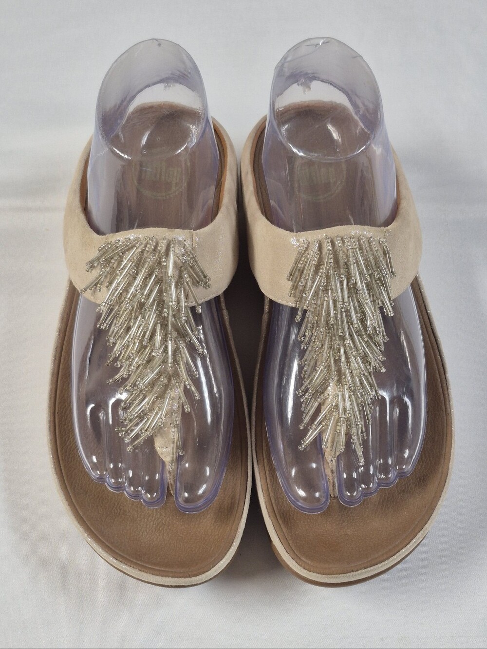 FitFlop Cha Cha Beaded Fringe Wedge Sandals Nude Blush Suede Women's Size 7